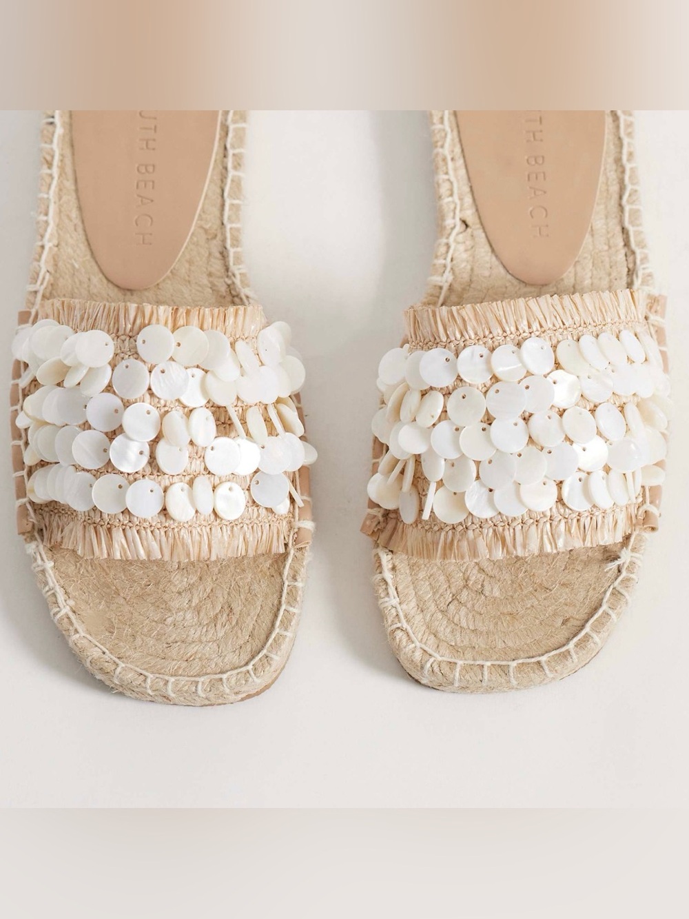 South Beach Natural Raffia Espadrille Slides with Off White Faux Shells
